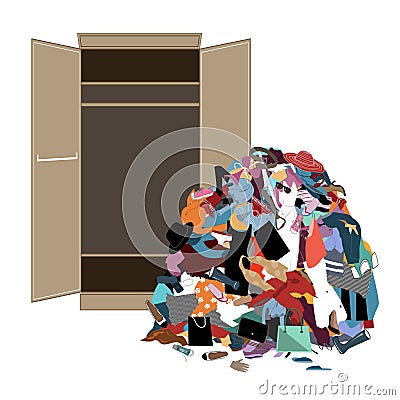 Pile of messy girl or lady clothes gotten out of closet. Untidy cluttered woman wardrobe. Vector Illustration