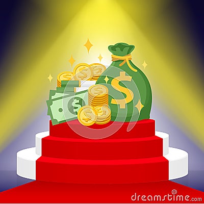 Pile of money and light shine for success concept, money stacks money bag on prize podium, banknote money and sack icon, wealth Vector Illustration