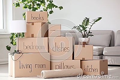 Pile of moving boxes and household stuff Stock Photo