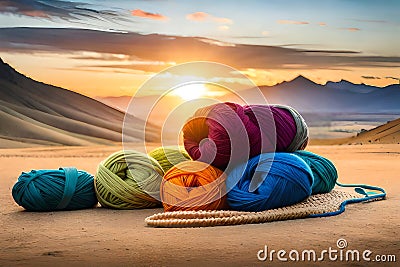 A pile of multicolored skeins of yarn on a bed of wool yarns are in the, eground and the top of the skeins of the skeins in the ba Stock Photo