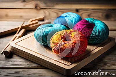 A pile of multicolored skeins of yarn on a wooden surface with one skein of yarn in the middle of the skeins. Generative AI Stock Photo