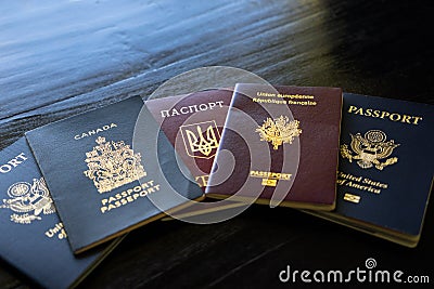 A pile of multinational passports Stock Photo