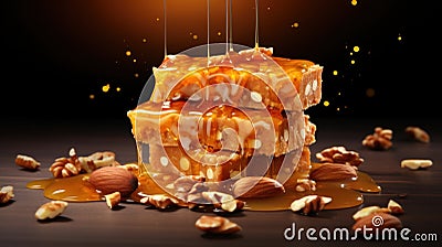 A pile of nuts and caramel drizzled over a piece of cake, AI Stock Photo