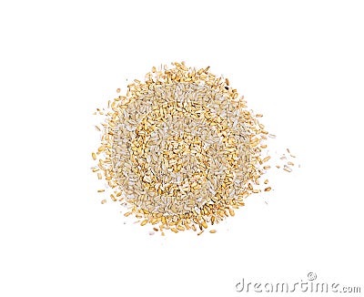 Pile of oat flakes, heap of uncooked ripe oat ears grains, oatmeal, isolated on white background, top view, healthy food Stock Photo