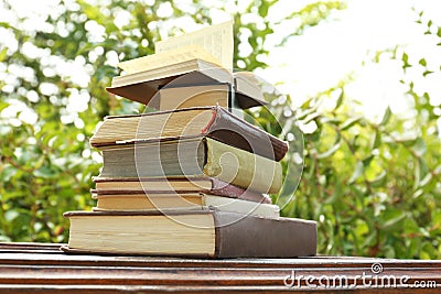 Pile of books on bench in a park Stock Photo