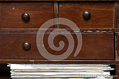 Pile of old letters in wooden furniture Stock Photo