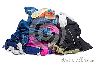 Pile of old, used clothes isolated on white Stock Photo