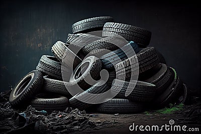 Pile of old used tires on grunge background with copy space. Generative AI Stock Photo
