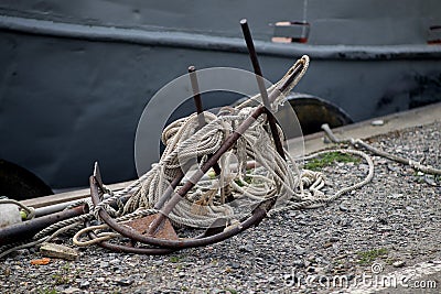 Pile of old worn hemp rope coils on boat deck background texture pattern Stock Photo