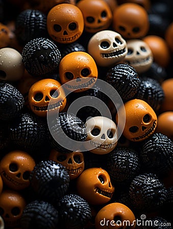 a pile of orange and black halloween candy skulls Stock Photo