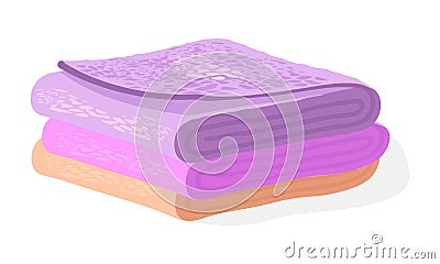 Pile of orange, pink, violet soft terry towels for hair, face, hands, body, floor. Vector Illustration