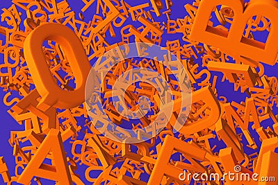 Pile of orange realistic letters isolated on violet background. 3d rendering. Stock Photo