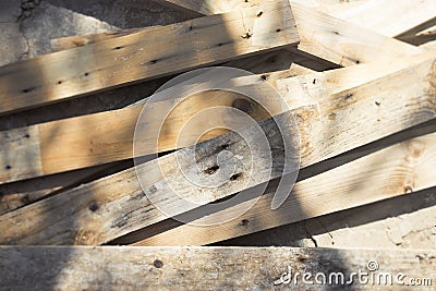 Pile of pallet wood strip. Bunch of wood outdoor. Stock Photo