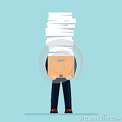 Pile of paper, busy businessman with stack of documents in carton, cardboard box. Paperwork. Bureaucracy concept. Stressed Stock Photo