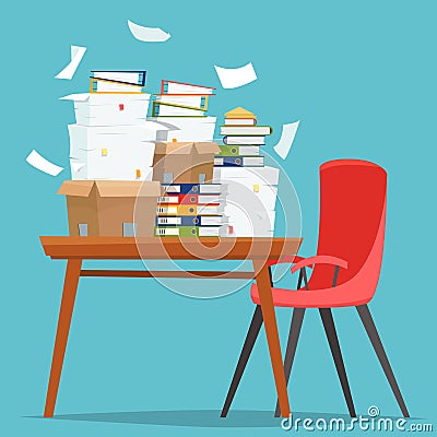 Pile of paper documents and file folders in carton boxes on office table. Vector Illustration