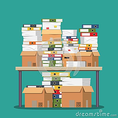 Pile of paper documents and file folders on table Vector Illustration