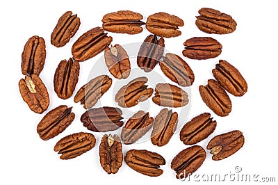 Pile Pecan nuts isolated on white background. Heap shelled Pecans nut close-up. Top view Stock Photo