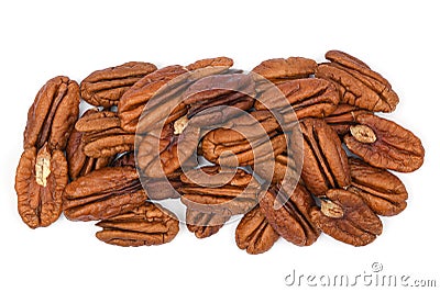 Pile Pecan nuts isolated on white background. Heap shelled Pecans nut closeup Stock Photo