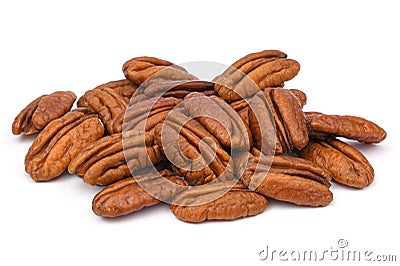 Pile Pecan nuts isolated on white background. Heap shelled Pecans nut closeup. Tasty raw organic food and healthy snack Stock Photo