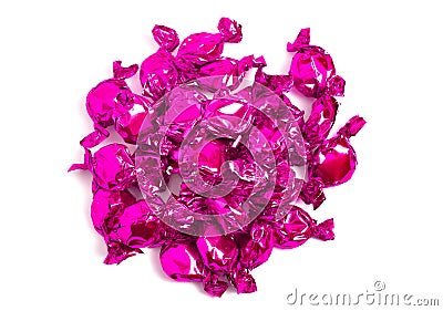 Pile of Pink Wrapped Candy Isolated on a White Background Stock Photo