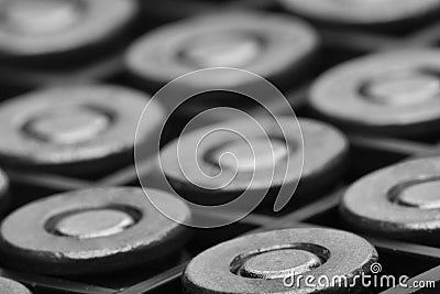 Pile of pistol bullets. The concept of limiting the spread of small arms. Black and white image Stock Photo