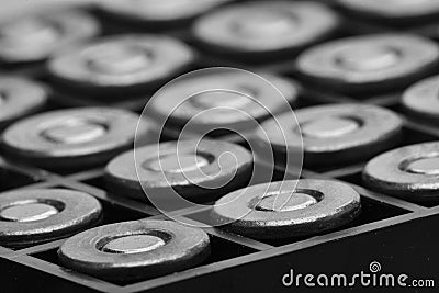 Pile of pistol bullets. The concept of limiting the spread of small arms. Black and white image Stock Photo