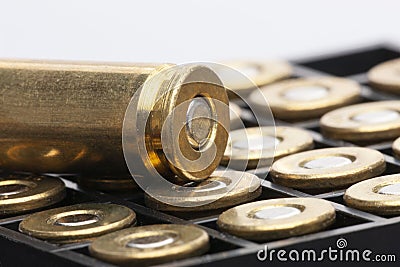 Pile of pistol bullets. The concept of limiting the spread of small arms Stock Photo