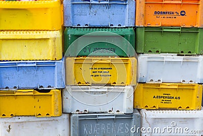 Pile plastic fish boxes Editorial Stock Photo