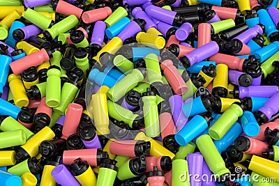 Pile of plastic sport shaker for protein drink on white background Stock Photo