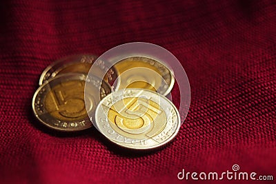 A pile of Polish five zloty coins on royal red background. Stock Photo