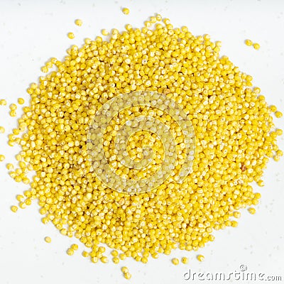 Pile of polished proso millet close up on gray Stock Photo