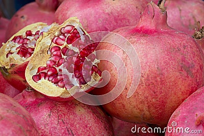 Pile of pomegranates cut open Stock Photo