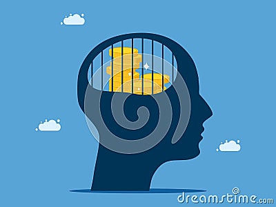 Pile of prison money in a human head. The idea of a money trap Vector Illustration