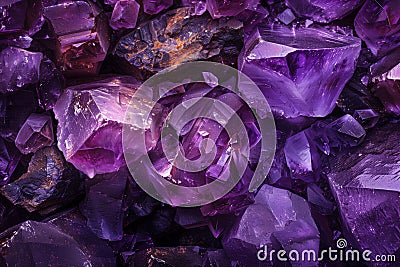 Pile of purple raw amethyst crystals on rocks natural wallpaper background Stock Photo