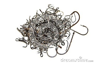 Pile of random fishing hooks Stock Photo