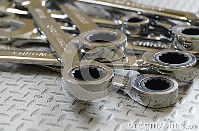 Pile of Ratchet Combination Wrenches Stock Photo