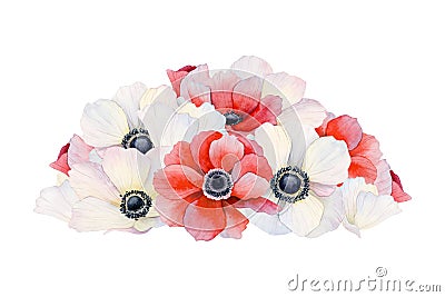Pile of red and white anemone flowers and petals watercolor illustration. Wedding or Valentines celebration designs Cartoon Illustration