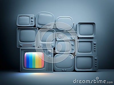 Pile of retro TV with one in standby - night scene Cartoon Illustration