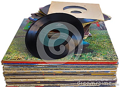 Pile of 45 and 33 RPM vinyl records used Stock Photo