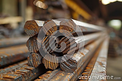 A pile of rusted steel bars in a factory Stock Photo