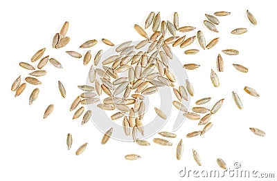 Pile of rye seeds isolated on white background, top view. Heap of grains of rye malt Stock Photo