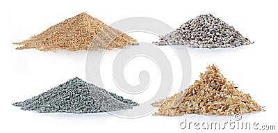 Pile of sand, pine wood, green carbon and rock Stock Photo