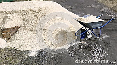 A pile of sawdust. The sawdust is piled up in a huge heap. Wood waste is transported by a garden cart Stock Photo