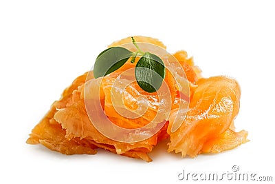 A pile of shaved salmon with garnish isolated on white. Stock Photo