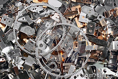 Pile of shiny metal parts. Scrap steel details as abstract industrial background Stock Photo