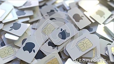 Pile of SIM cards with Apple Inc logo, close-up. Editorial telecommunication related 3D rendering Editorial Stock Photo