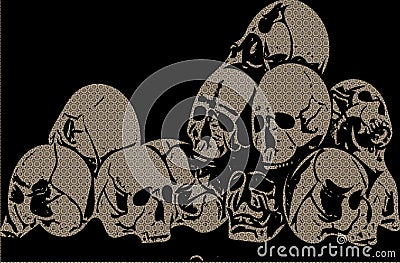 Pile of skulls on a black background and a pattern made out of the sculls inbedded onto the skulls. Vector T-shirt design Cartoon Illustration