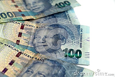 Display of South african currency money hundred rand notes Editorial Stock Photo