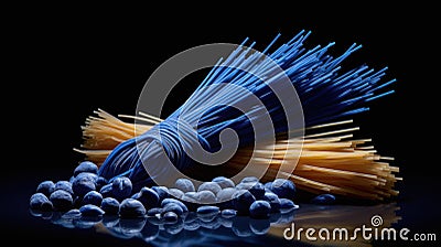 A pile of spaghetti and pasta with blue balls on a black background, AI Stock Photo