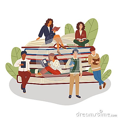 Pile or stack of books with multicultural group of people Vector Illustration